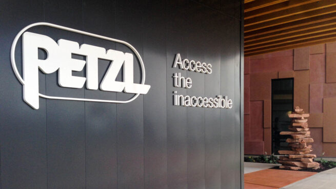 Petzl US Headquarters Building Identification Sign Pedestrian Scale and Cairn Sculpture